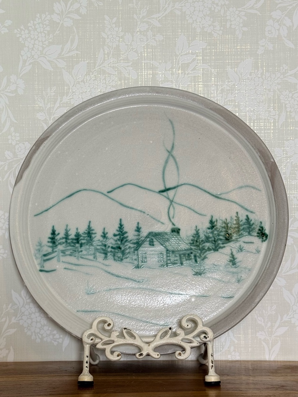 Vintage Studio Art Pottery Plate Cabin Winter Scene, Hand Painted, Signed